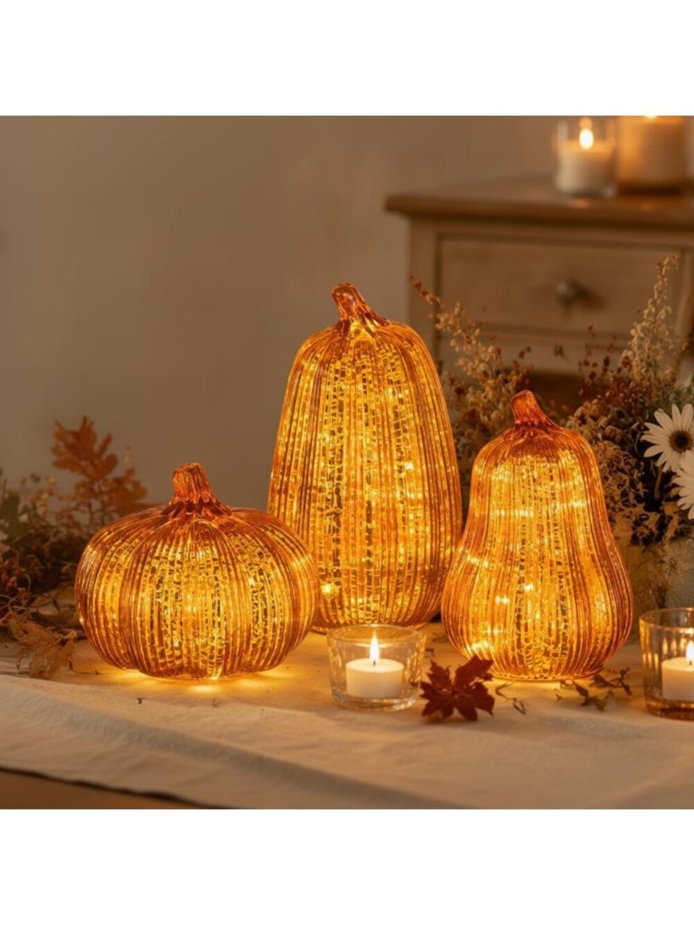 Set of 3 Mercury Glass Pumpkins with Timer - Fall Decor, Halloween Lights